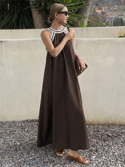 Vacation Dresses Maxi Sleeveless Strapless Retro Brown Summer Dresses
