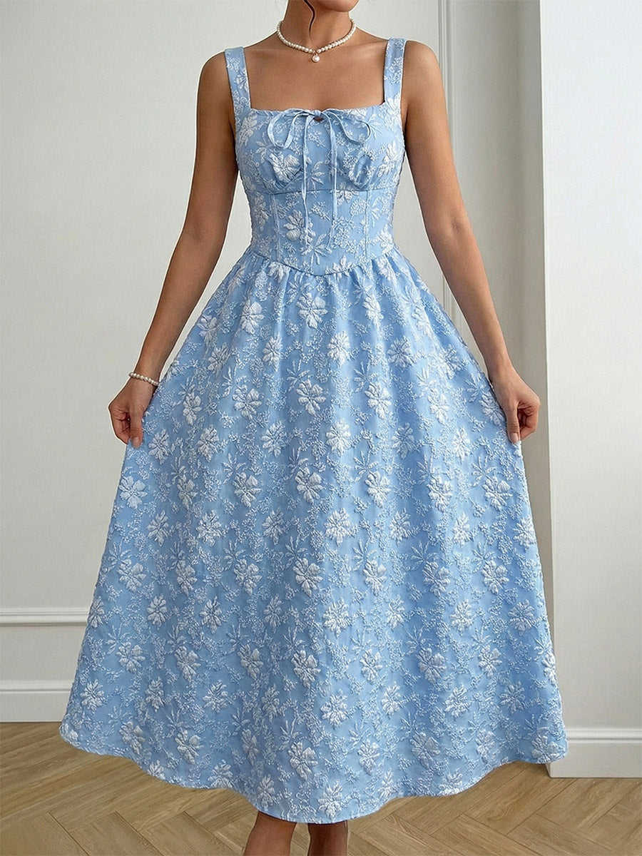 Date Night Maxi Dress Lace Up Sleeveless Backless Square Neck Sweet Blue Dress