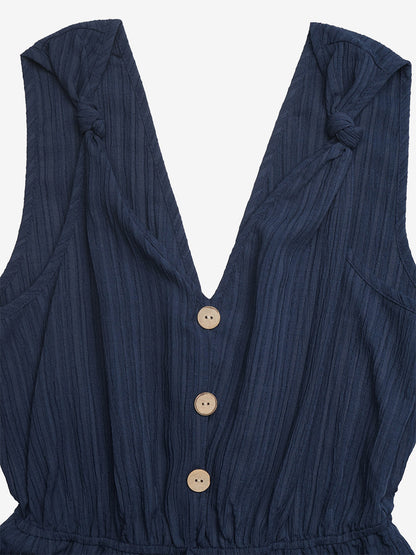 Jumpsuits Blue V-Neck Sleeveless Buttons Backless Wide Summer Playsuit