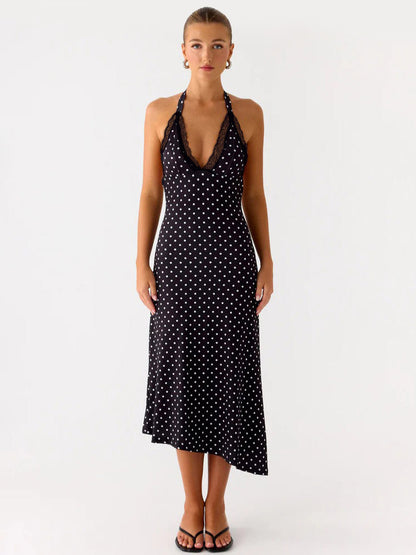 Party Dress Midi Black Halter Sleeveless Polka Dot Semi Formal Summer Dress