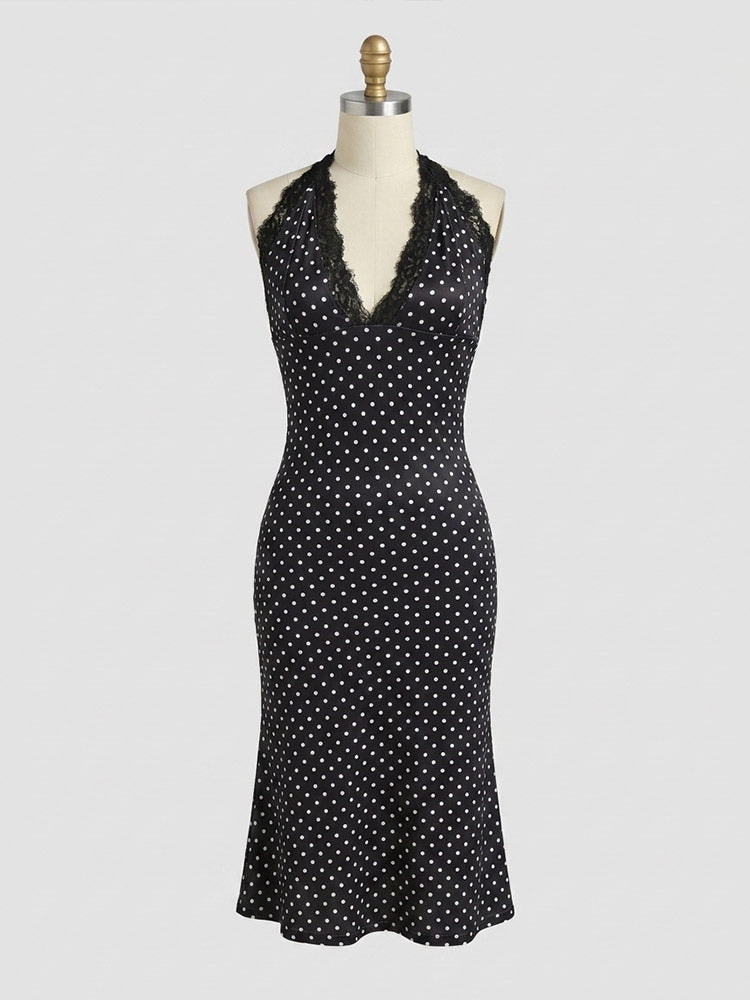 Party Dress Midi Black Halter Sleeveless Polka Dot Semi Formal Summer Dress