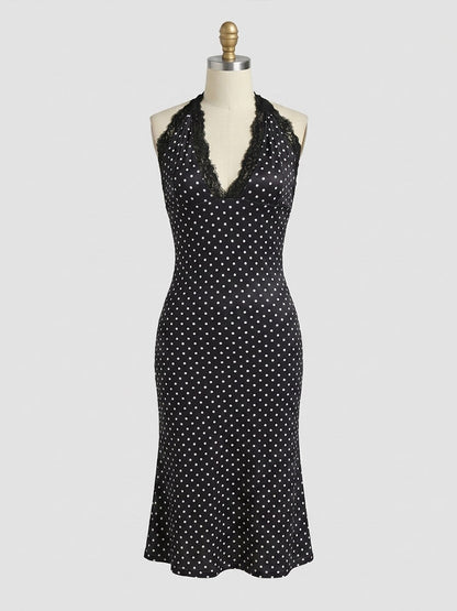 Party Dress Midi Black Halter Sleeveless Polka Dot Semi Formal Summer Dress
