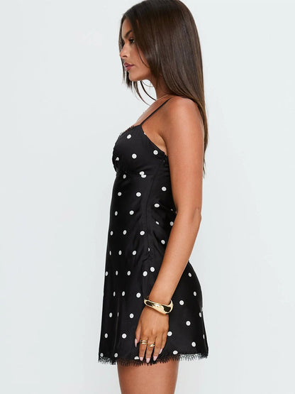 Night Out Dresses Black Polka Dot Sleeveless Straps Neck Summer Dress