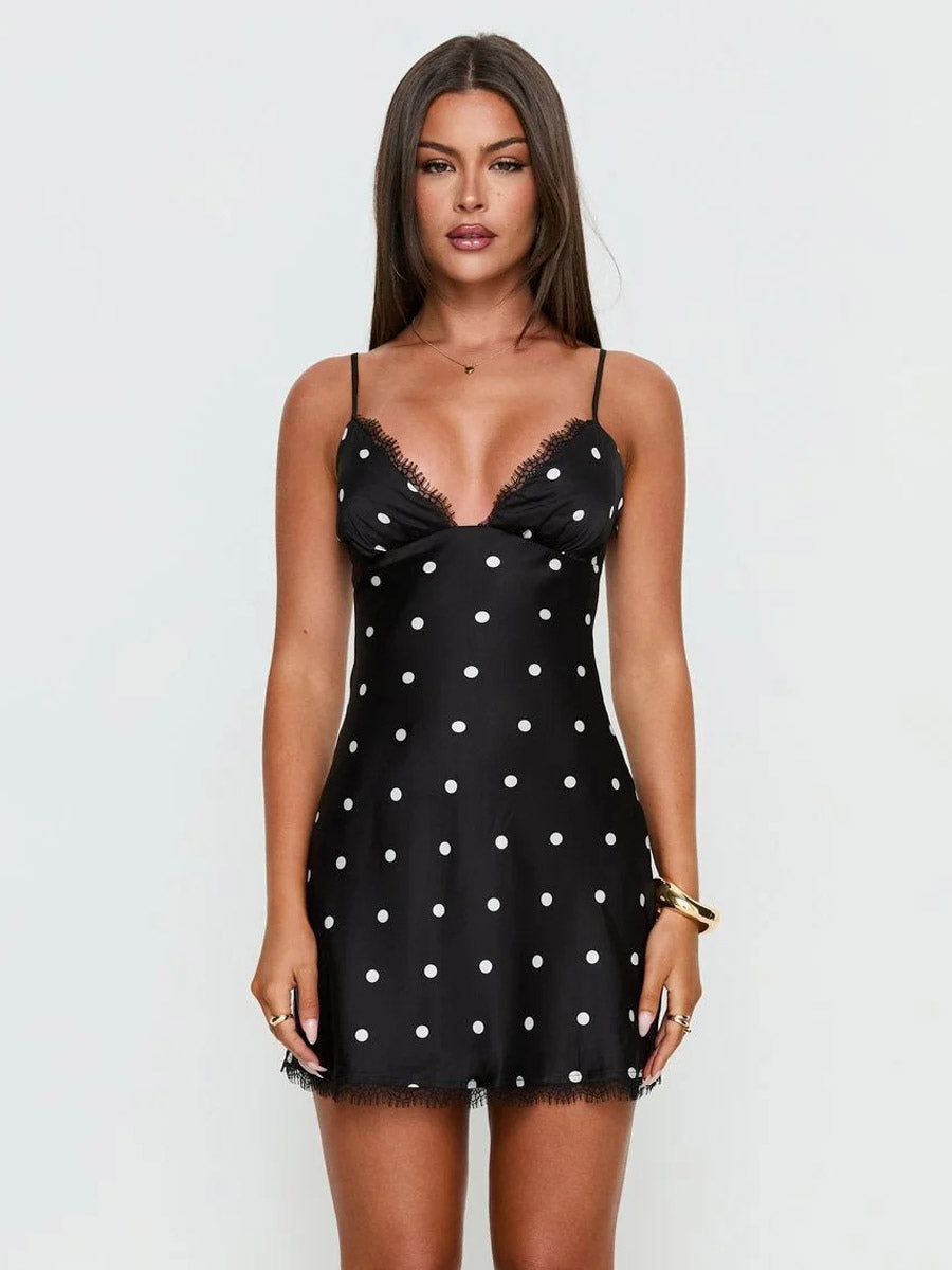 Night Out Dresses Black Polka Dot Sleeveless Straps Neck Summer Dress