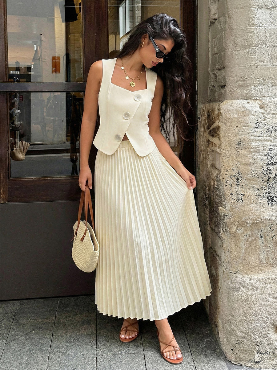 Two Piece Sets Skirt Set Maxi Apricot Elegant Buttons Square Neck Sleeveless Sets