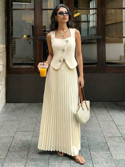 Two Piece Sets Skirt Set Maxi Apricot Elegant Buttons Square Neck Sleeveless Sets