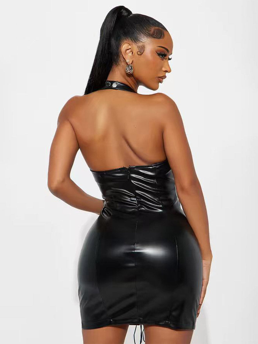 Night Out Dresses Black PU Leather Sleeveless V-Neck Backless Summer Dress