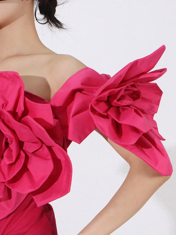 Vacation Dresses Midi Flowers Sleeveless Off-The-Shoulder Chic High Rise Red Dress