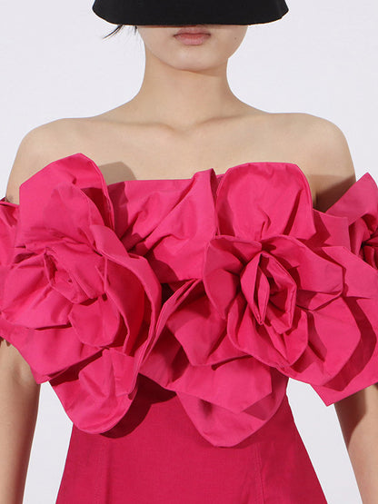 Vacation Dresses Midi Flowers Sleeveless Off-The-Shoulder Chic High Rise Red Dress