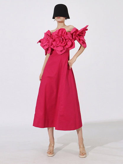 Vacation Dresses Midi Flowers Sleeveless Off-The-Shoulder Chic High Rise Red Dress