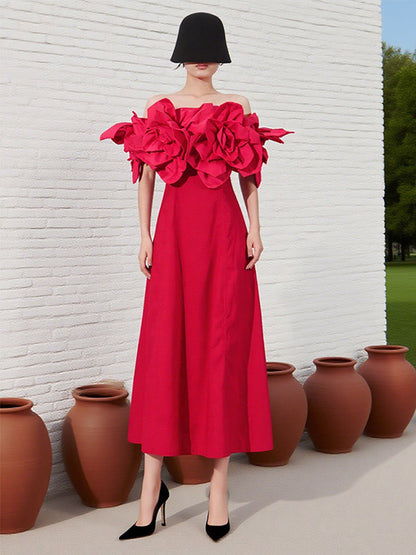 Vacation Dresses Midi Flowers Sleeveless Off-The-Shoulder Chic High Rise Red Dress