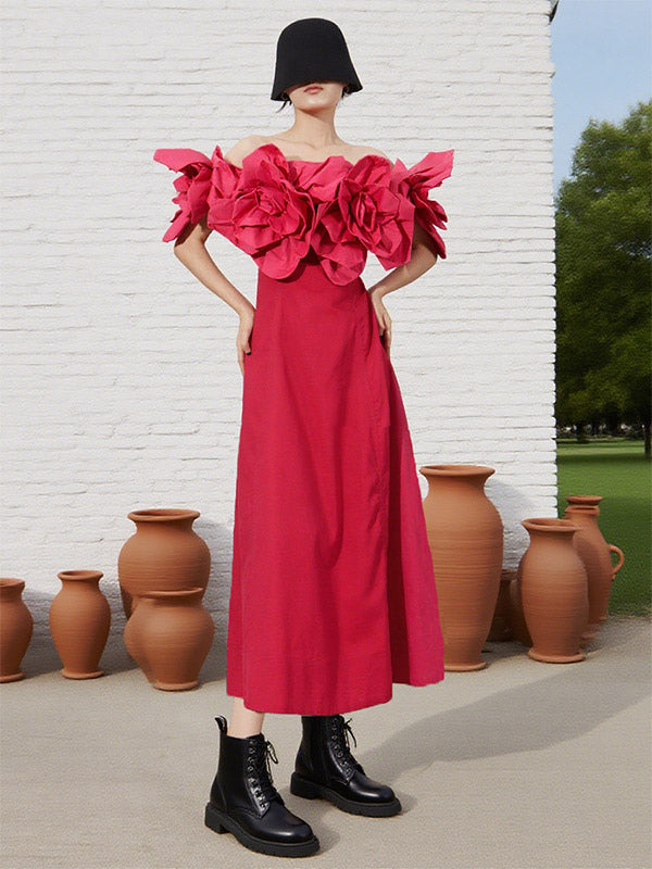 Vacation Dresses Midi Flowers Sleeveless Off-The-Shoulder Chic High Rise Red Dress