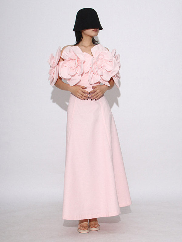 Vacation Dresses Midi Flowers Sleeveless Off-The-Shoulder Chic High Rise Red Dress