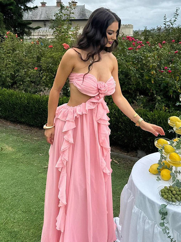 Vacation Dresses Maxi Lace Up Sleeveless Off-The-Shoulder Chic Pink Summer Dress