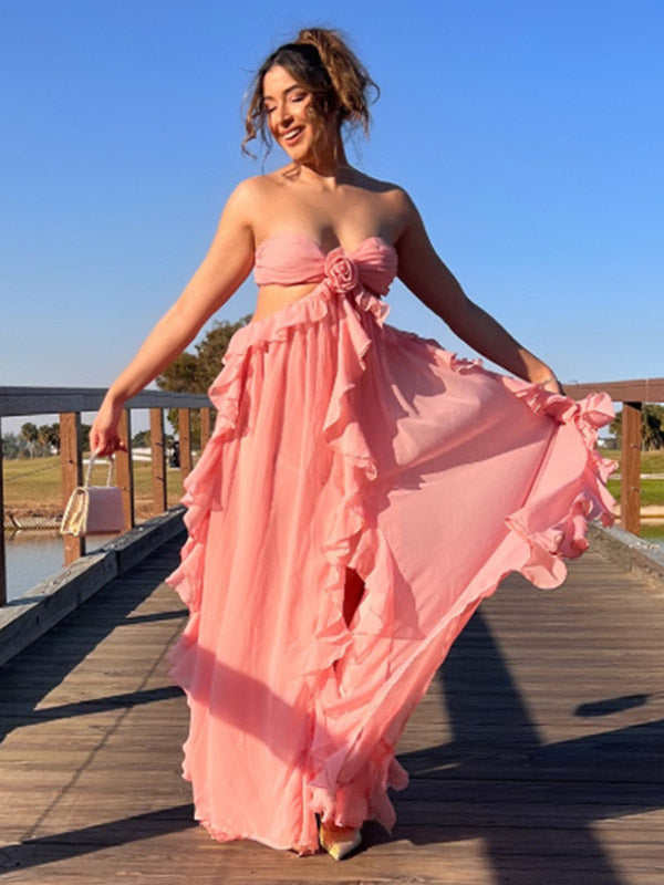 Vacation Dresses Maxi Lace Up Sleeveless Off-The-Shoulder Chic Pink Summer Dress