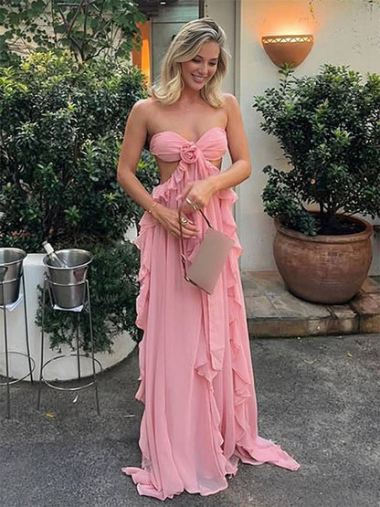 Vacation Dresses Maxi Lace Up Sleeveless Off-The-Shoulder Chic Pink Summer Dress