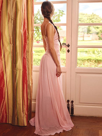 Vacation Dresses Maxi Sheer Sleeveless V-Neck Elegant Pink Summer Dress