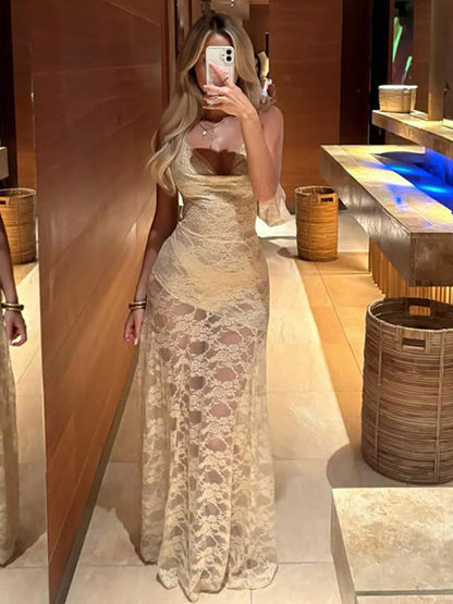 Vacation Dresses Maxi Lace Cowl Neck Elegant Apricot Summer Dress