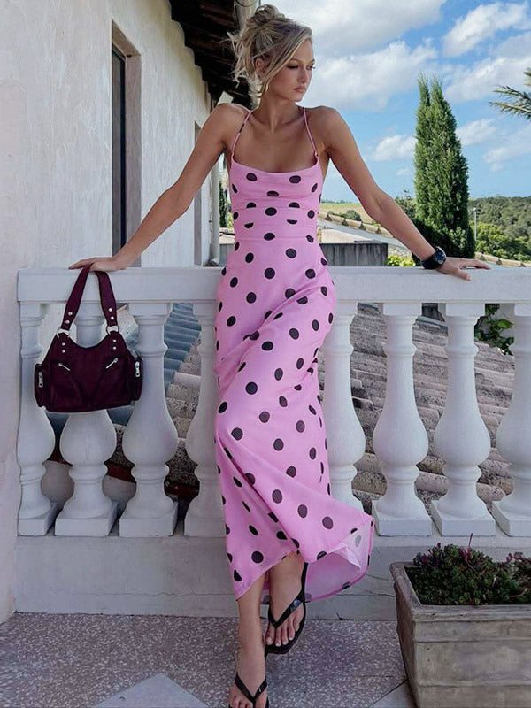 Daily Dresses Woman's Maxi Pink Backless Lace Up Sleeveless Straps Neck Polka Dot Dress