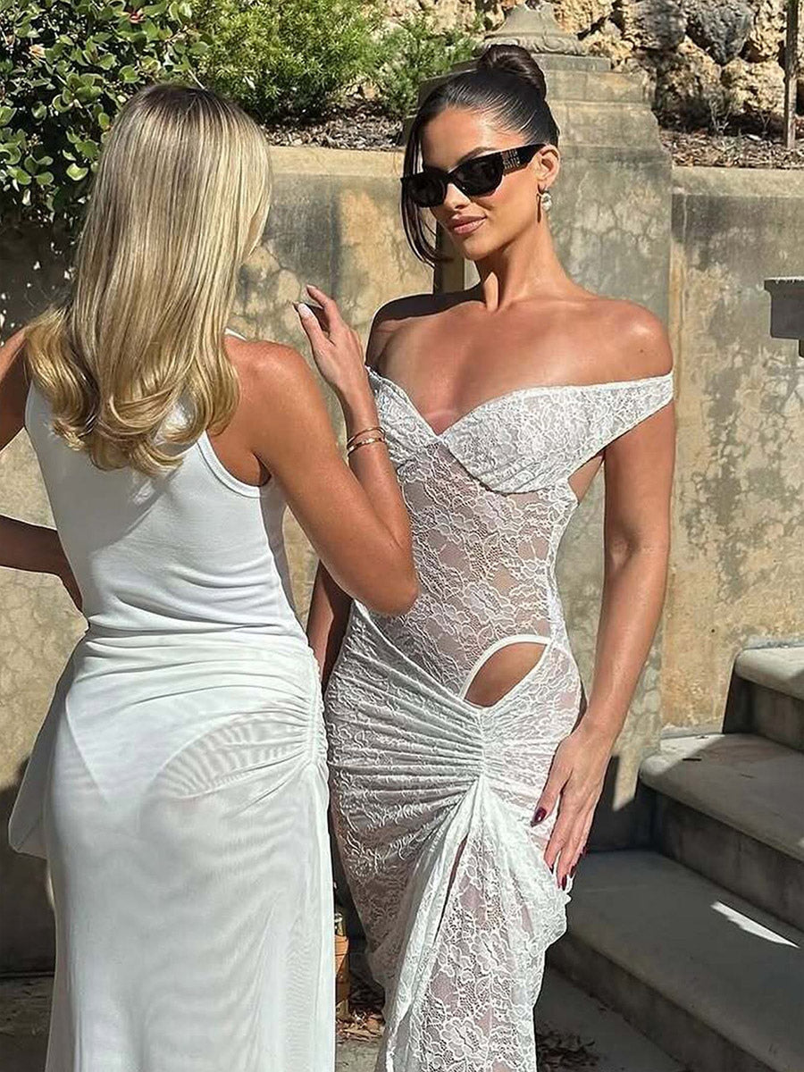 Party Dress Maxi Coffee Brown Off-The-Shoulder Lace Sexy Semi Formal Dress