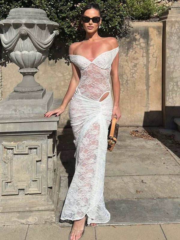 Party Dress Maxi Coffee Brown Off-The-Shoulder Lace Sexy Semi Formal Dress
