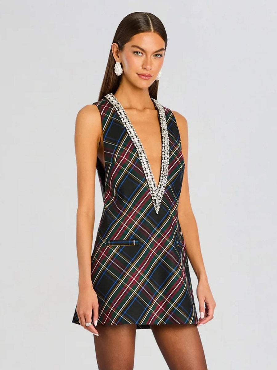 Party Dress Mini Dark Navy V-Neck Rhinestones Sleeveless Sexy Semi Formal Dress