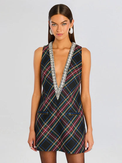 Party Dress Mini Dark Navy V-Neck Rhinestones Sleeveless Sexy Semi Formal Dress