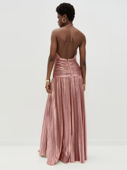 Party Dress Maxi Gold Sleeveless Backless Elegant Semi Formal Gown