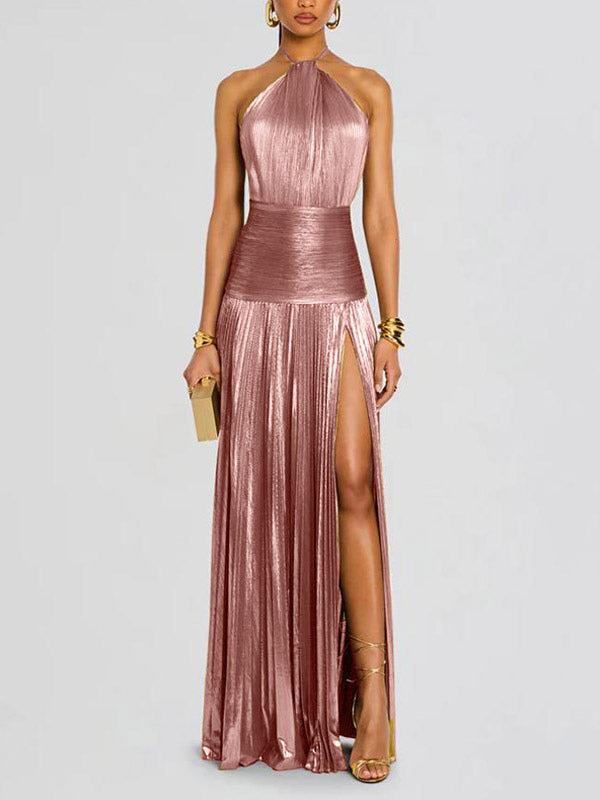 Party Dress Maxi Gold Sleeveless Backless Elegant Semi Formal Gown