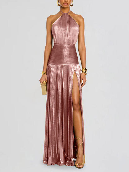 Party Dress Maxi Gold Sleeveless Backless Elegant Semi Formal Gown