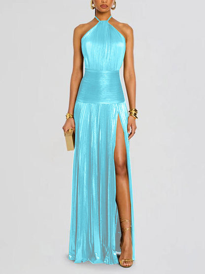 Party Dress Maxi Gold Sleeveless Backless Elegant Semi Formal Gown