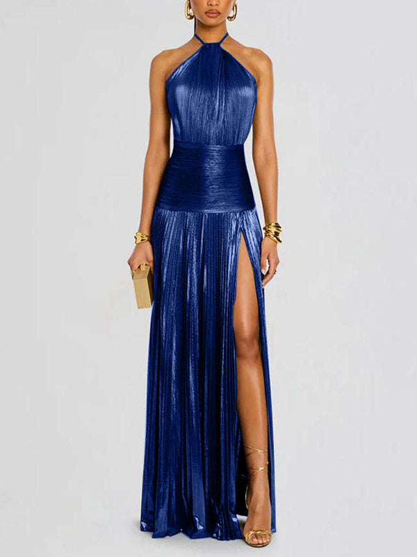 Party Dress Maxi Gold Sleeveless Backless Elegant Semi Formal Gown