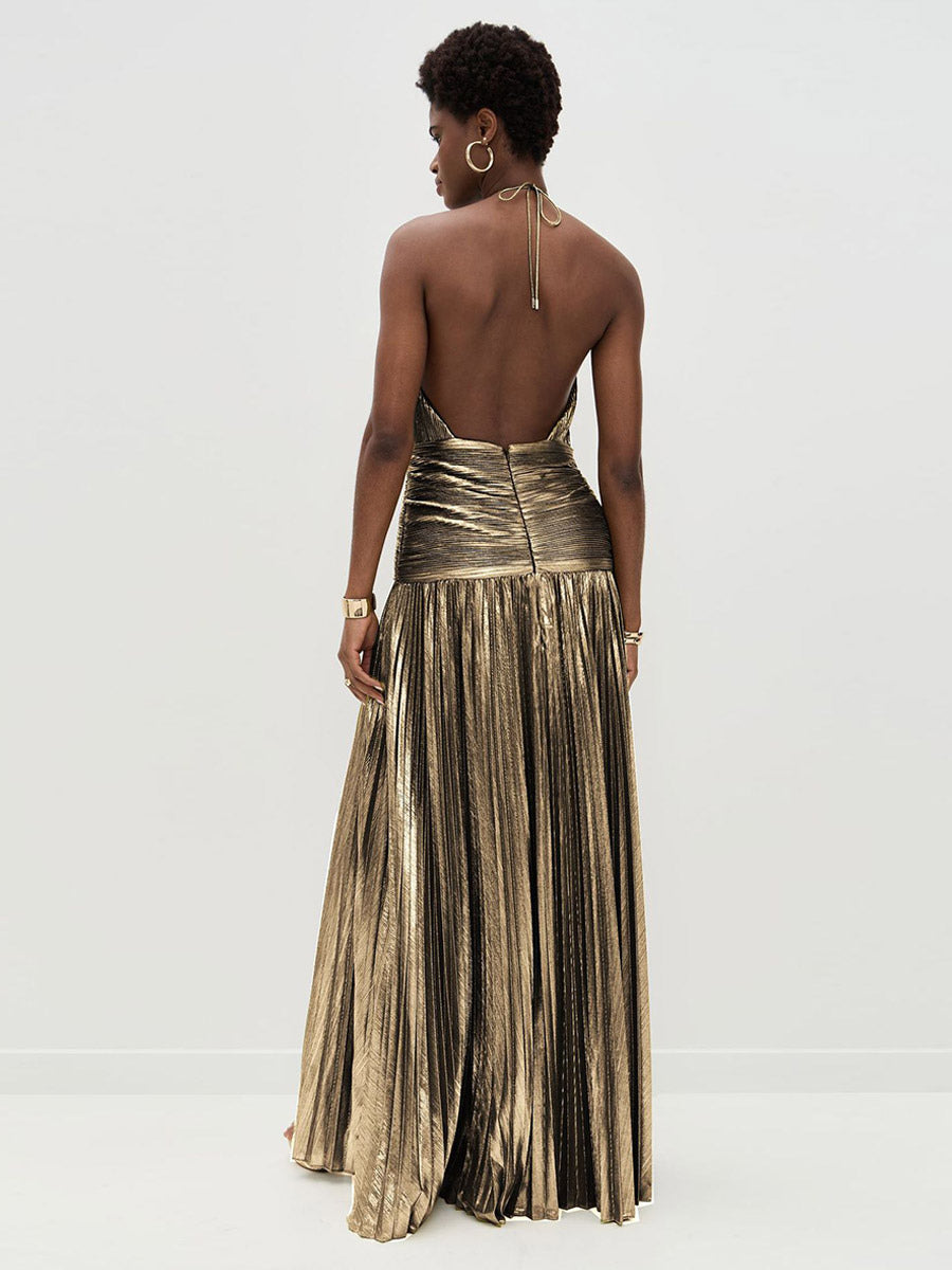 Party Dress Maxi Gold Sleeveless Backless Elegant Semi Formal Gown