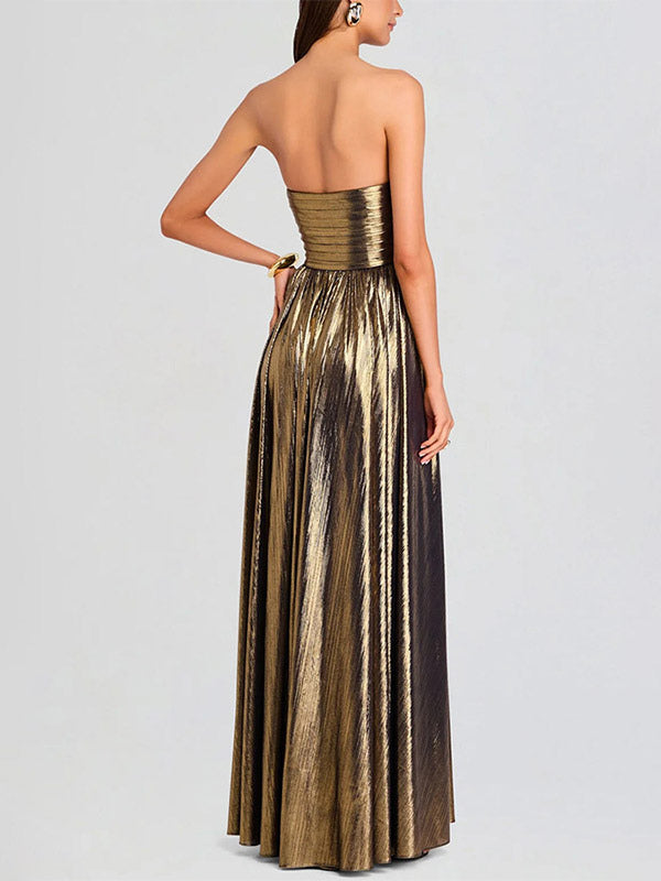 Party Dress Maxi Gold Sleeveless Backless Sexy Semi Formal Gown