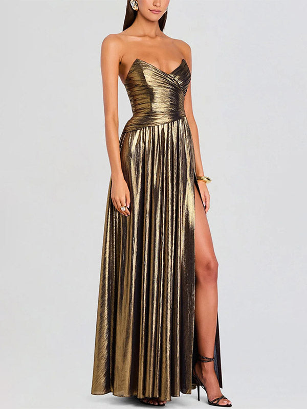 Party Dress Maxi Gold Sleeveless Backless Sexy Semi Formal Gown