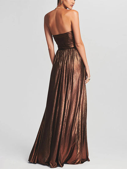 Party Dress Maxi Gold Sleeveless Backless Sexy Semi Formal Gown