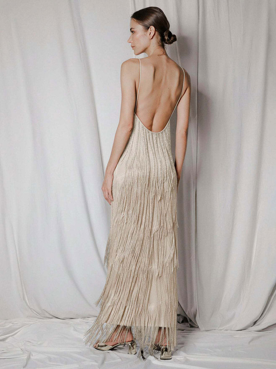 Party Dress Maxi Gold V-Neck Sleeveless Open Shoulder Sexy Semi Formal Summer Dress