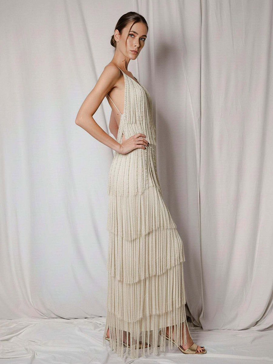 Party Dress Maxi Gold V-Neck Sleeveless Open Shoulder Sexy Semi Formal Summer Dress