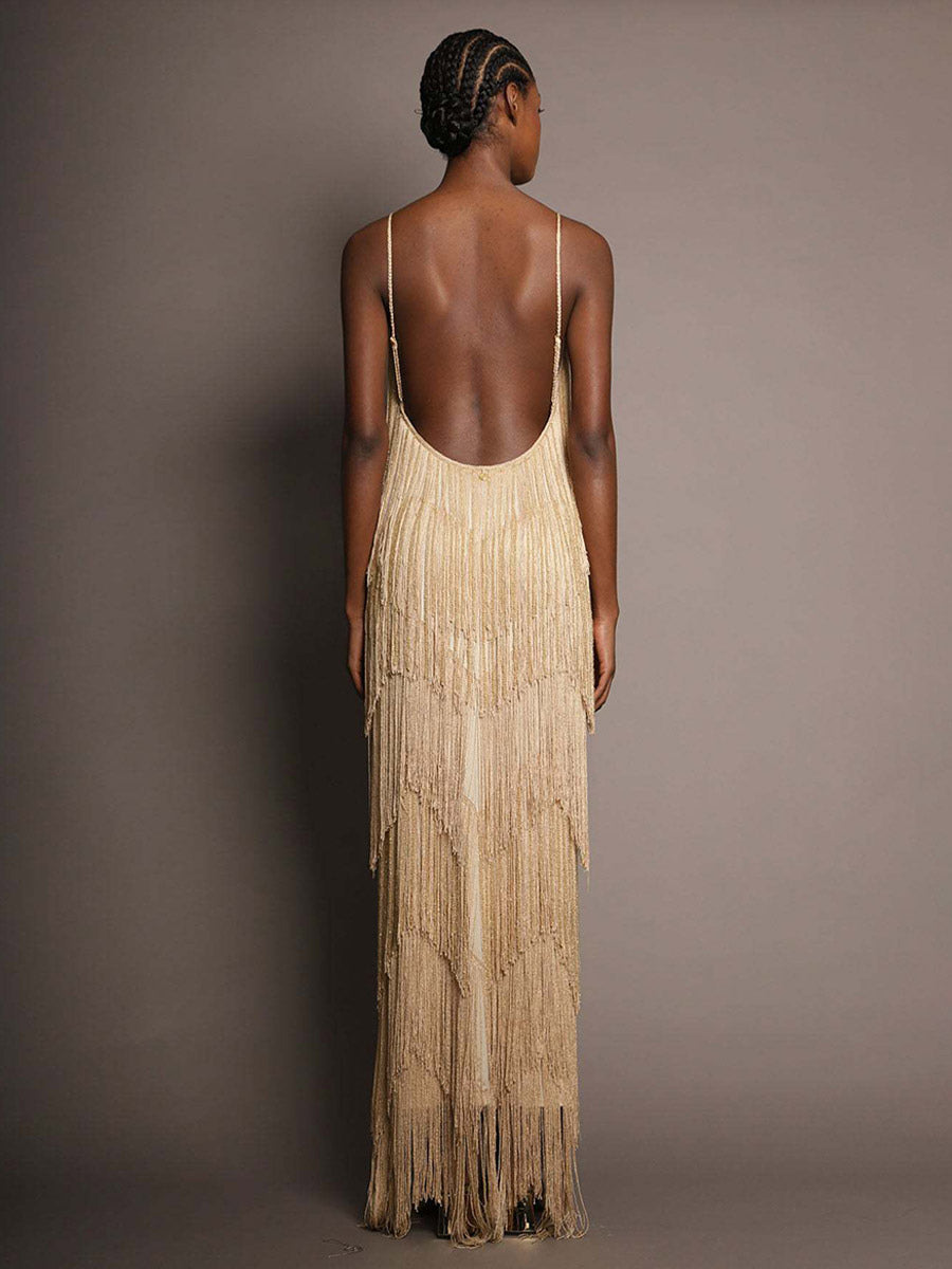 Party Dress Maxi Gold V-Neck Sleeveless Open Shoulder Sexy Semi Formal Summer Dress