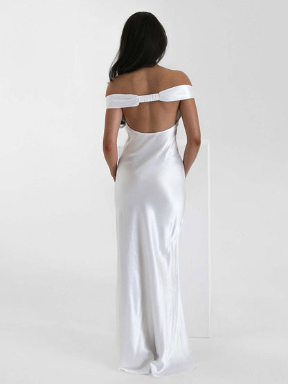 Party Dress Maxi Beige V-Neck Off-Shoulder Backless Chic Semi Formal Summer Gown