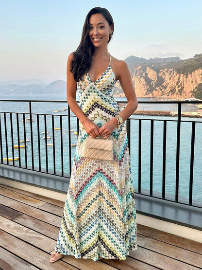 Vacation Dresses Maxi Backless Sleeveless Halter Casual Blue Summer Dress