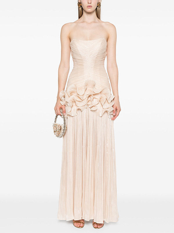 Party Dress Maxi Apricot Strapless Sleeveless Backless Chic Semi Formal Gown