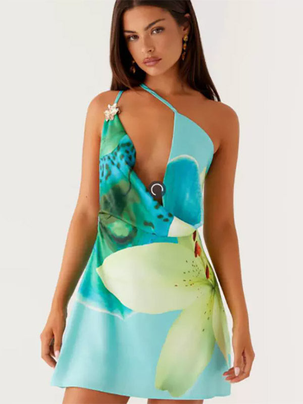Midi Dress Floral Print Lace Up Backless Chiffon Chic Embellished Collar Sleeveless Dress