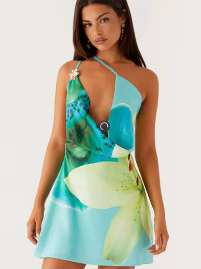 Midi Dress Floral Print Lace Up Backless Chiffon Chic Embellished Collar Sleeveless Dress