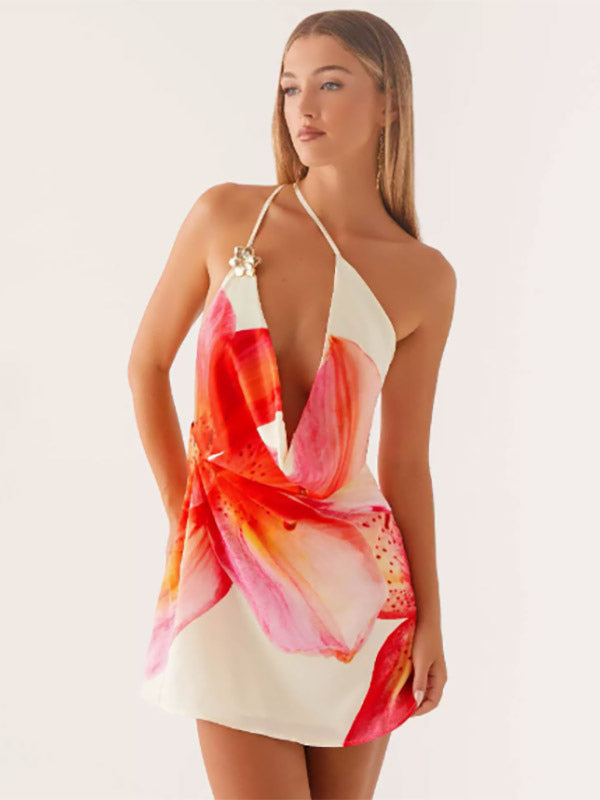 Midi Dress Floral Print Lace Up Backless Chiffon Chic Embellished Collar Sleeveless Dress