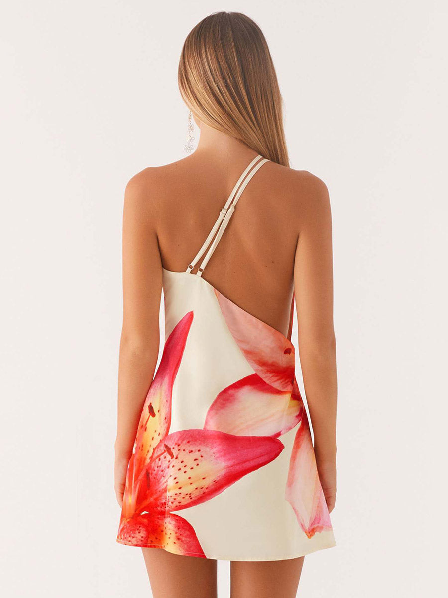 Midi Dress Floral Print Lace Up Backless Chiffon Chic Embellished Collar Sleeveless Dress