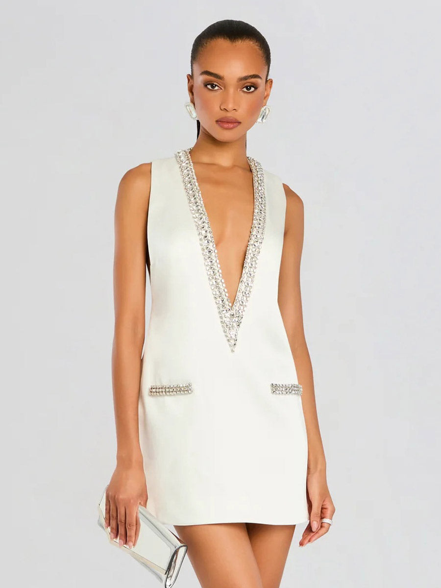 Party Dress Mini Dark Navy V-Neck Rhinestones Sleeveless Sexy Semi Formal Dress