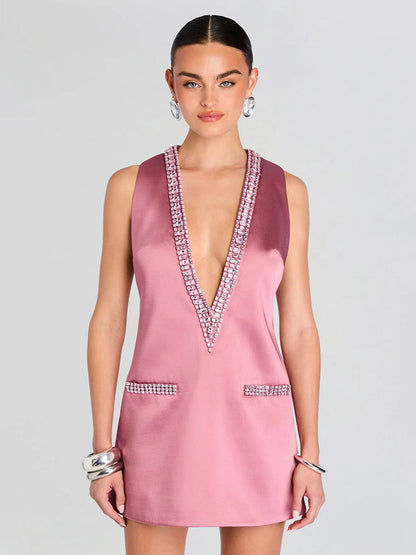 Party Dress Mini Dark Navy V-Neck Rhinestones Sleeveless Sexy Semi Formal Dress