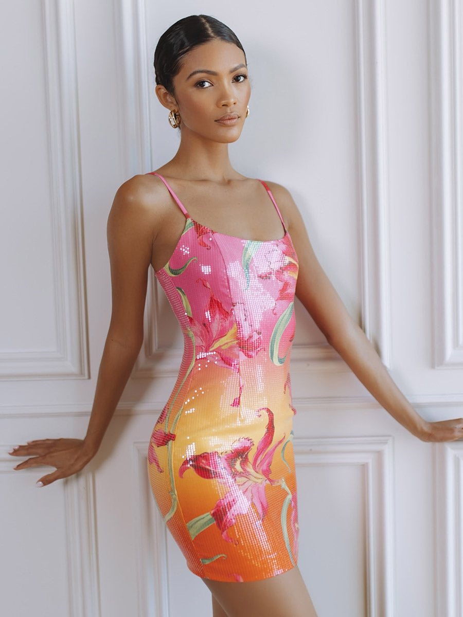 Bodycon Date Night Dresses Pink Sleeveless Sequins Sexy Straps Neck Midi Dress