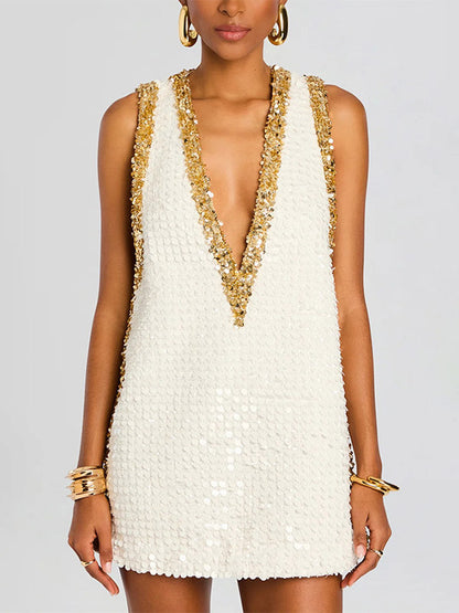 Party Dress Mini Gold V-Neck Sequins Sleeveless Sexy Semi Formal Dress